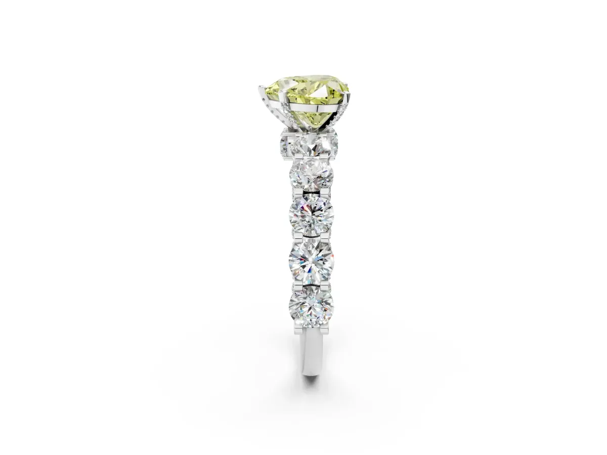 Fancy Yellow Heart Cut Diamond Side Stone Engagement Ring with Four-Prong Setting Silver