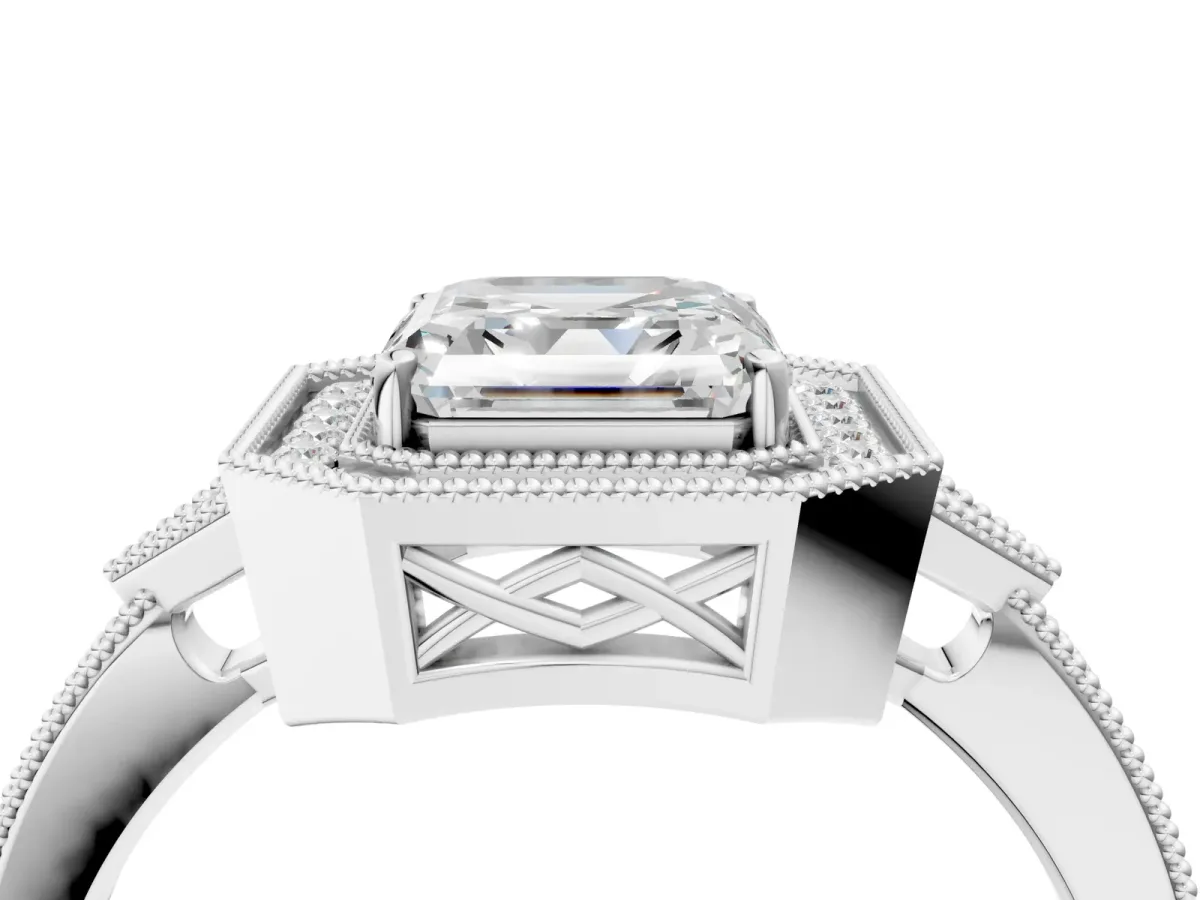Asscher Cut Halo Round Diamond Milgrain Pave Engagement Ring Platinum