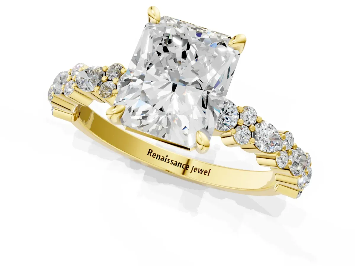 Radiant Cut Diamond Side Stone Solitaire Ring with Round and Four-Prong Setting Yellow gold