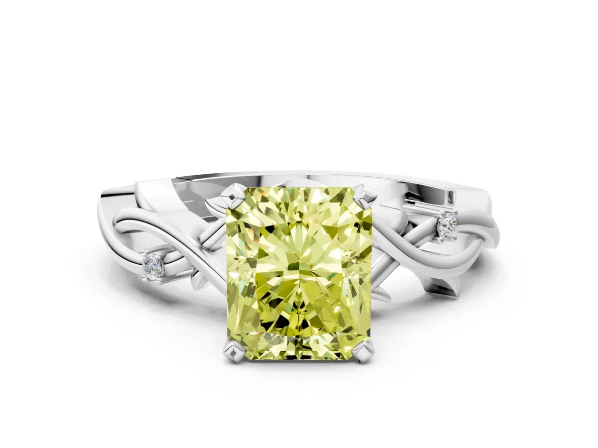 Fancy Yellow Radiant Cut Diamond Solitaire Ring with Twisted Band and Prong Setting Silver
