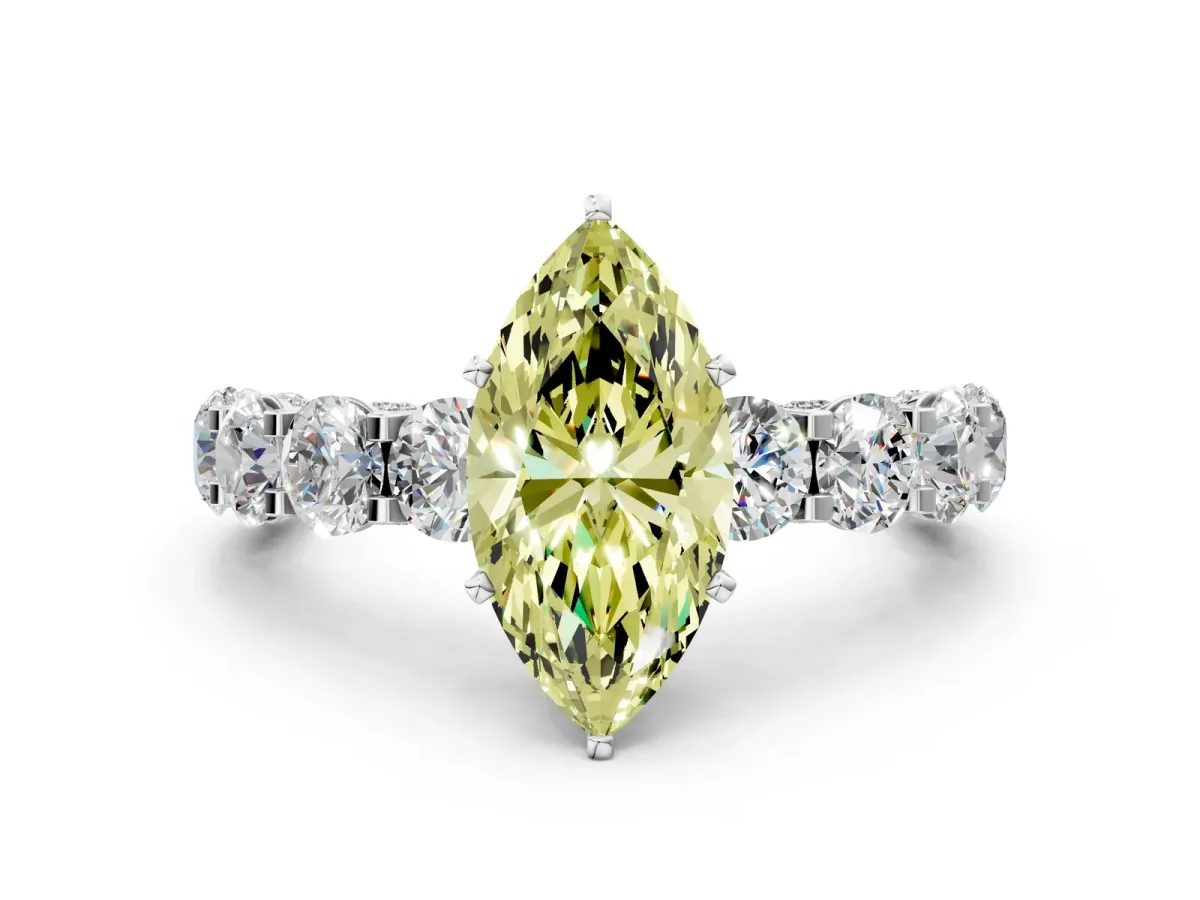 Fancy Yellow Marquise Cut Diamond Side Stone Engagement Ring with Four-Prong Setting White gold
