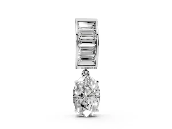Oval and Baguette Diamond Drop Pendant Silver