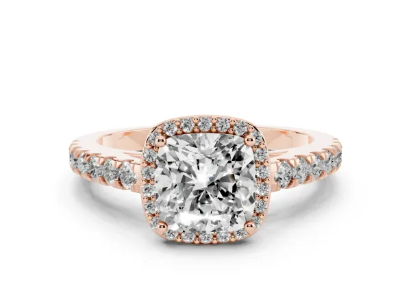Cushion Cut Cut Halo Diamond Engagement Ring with Pave Band and Four-Prong Setting Rose gold