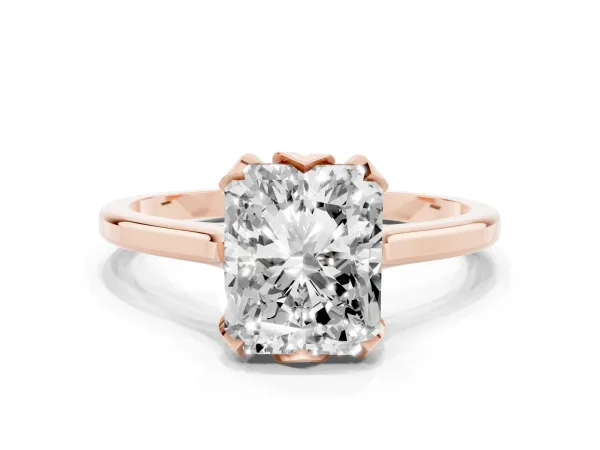 Radiant Cut Diamond Solitaire Ring with Flower Prong Setting and Classic Band Rose gold
