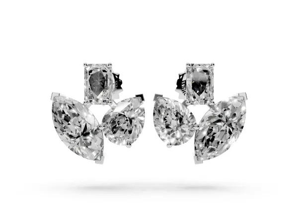 Emerald, Marquise and Pear Diamond Mosaic Three Stone Fan Earrings Platinum