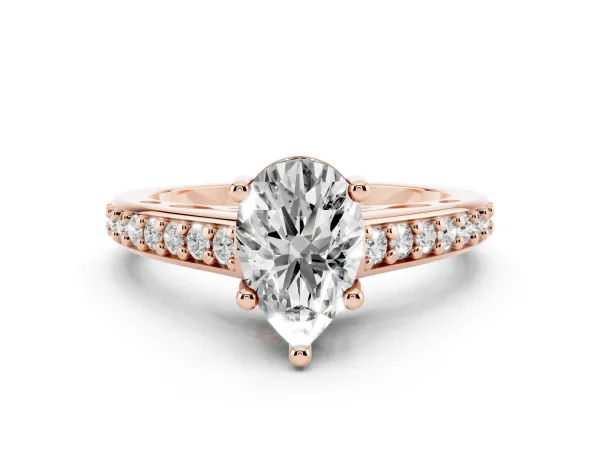 Pear Cut Solitaire Prong Set Diamond Engagement Ring with Pave Band Rose gold