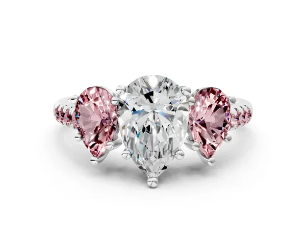 Three-Stone Pear Cut Diamond Ring with Round Morganite Pavé Band and Prong Setting White gold