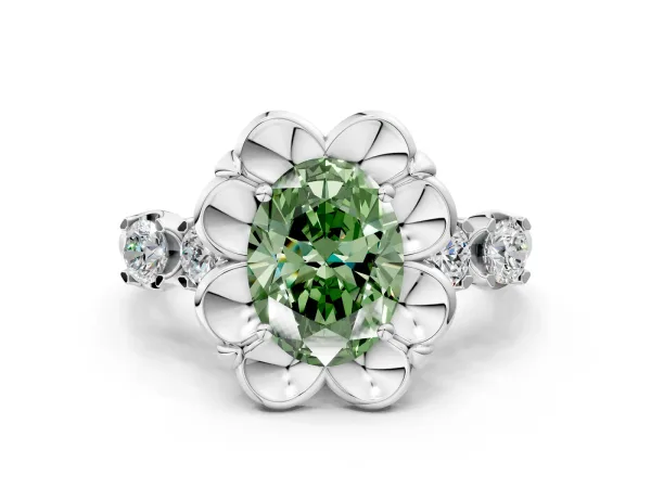 Fancy Green Oval Cut Cut Diamond Floral Halo Engagement Ring with Shared Prong Setting Platinum