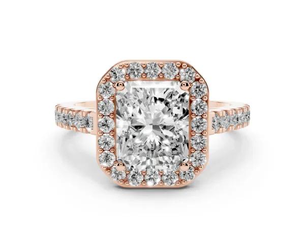 Radiant Cut Diamond Halo Ring with Round Pavé Split Shank and Prong Setting Rose gold