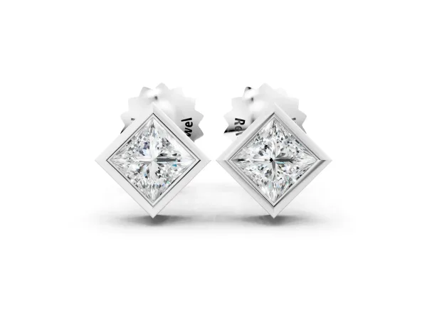 Princess Cut Bezel Set Diamond Stud Earrings Silver