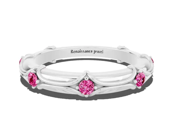 Round Pink Sapphire Prong Set Milgrain Eternity Band Platinum