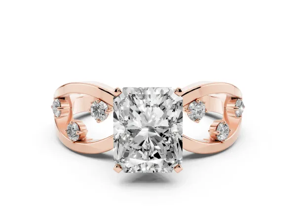 Radiant Cut Cut Solitaire Diamond with Side Stones on Criss-Cross Band and Four-Prong Setting Rose gold
