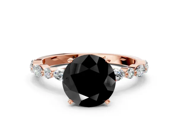Fancy Black Round Cut Diamond Ring with Marquise and Round Side Stones and Four-Prong Setting Rose gold