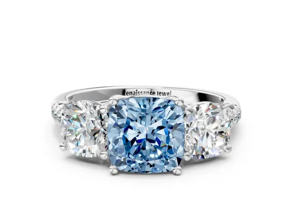 Fancy Blue Three-Stone Cushion Cut Diamond Ring with Round Pavé Band and Prong Setting Platinum