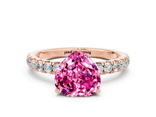 Heart Cut Pink Sapphire Pave Band Solitaire Ring with Round and Prong Setting Rose gold