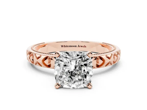 Cushion Cut Solitaire Diamond Engagement Ring with XO Engraved Band and Four-Prong Setting Rose gold