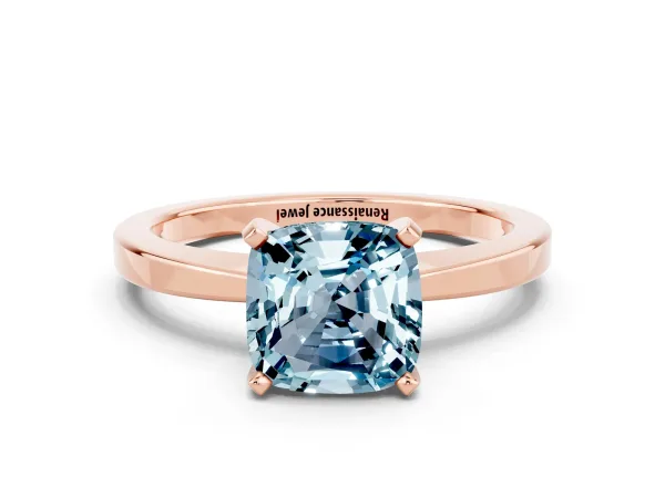 Cushion Cut Aquamarine Solitaire Engagement Ring with Classic Band and Four-Prong Setting Rose gold