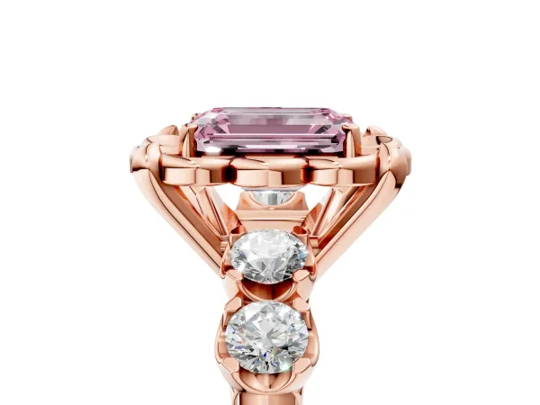 Fancy Pink Emerald Cut Cut Diamond Floral Halo Engagement Ring with Shared Prong Setting Rose gold