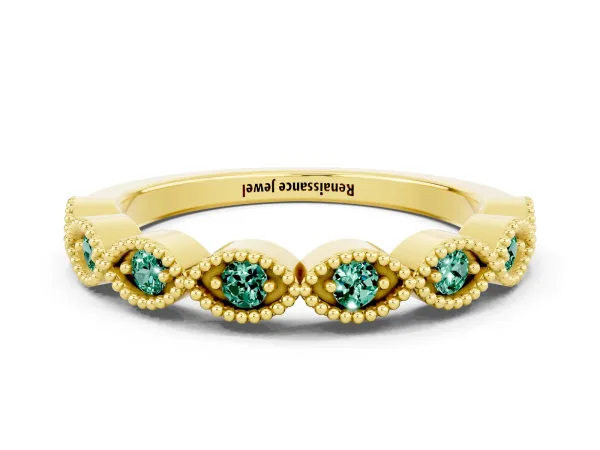 Milgrain Marquise Green Sapphire Half Eternity Band with Bezel Setting Yellow gold