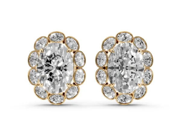 Oval Diamond Halo Stud Earrings with Oval Diamond Accents Yellow gold
