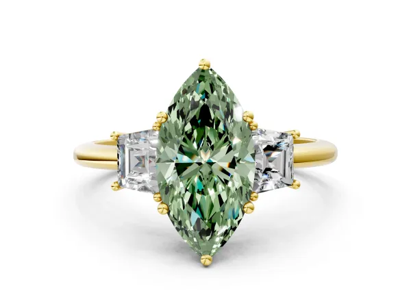 Fancy Green Marquise Cut Diamond Three-Stone Ring with Trapezoid Side Stones and Prong Setting Yellow gold