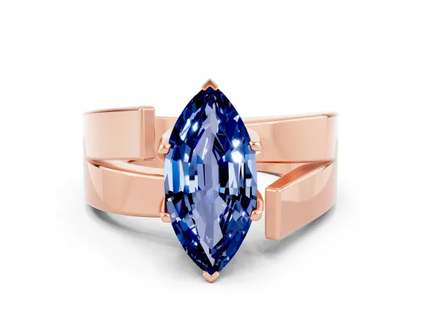 Modern Tension Set Marquise Cut Blue Sapphire Solitaire Wide Band Ring Rose gold