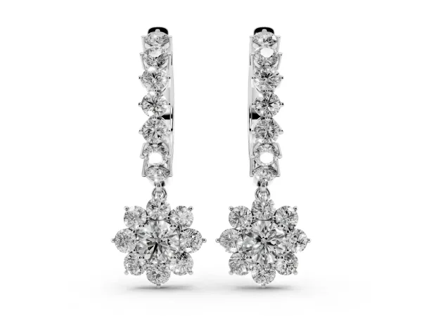Round Diamond Petite Hoop Earrings with Sunflower Drop Platinum