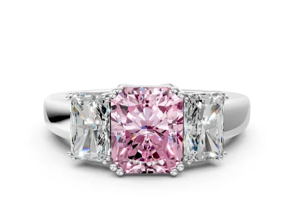 Fancy Pink Three-Stone Radiant Cut Cut Diamond Ring with Channel Set Band and Four-Prong Setting White gold