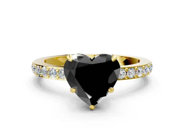 Fancy Black Heart Cut Diamond Solitaire Engagement Ring with Pavé Band and Four-Prong Setting Yellow gold
