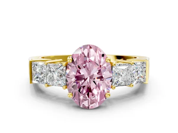 Fancy Pink Oval Cut Solitaire Princess Side Stone Engraved Band Prong Setting Ring Yellow gold