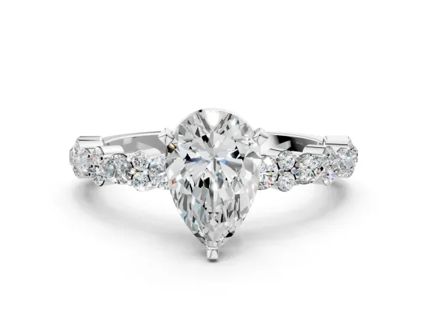 Pear Cut Diamond Side Stone Solitaire Ring with Round Moissanite and Four-Prong Setting White gold