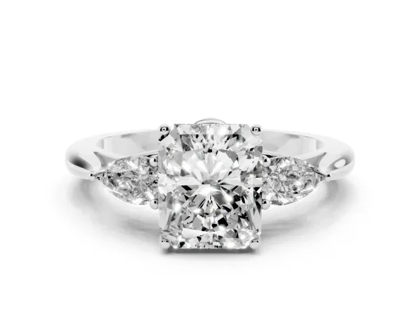 Three-Stone Radiant Cut Brilliant Diamond Solitaire Ring with Tapered Band and Four-Prong Setting White gold