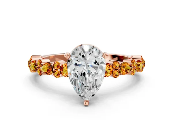 Pear Cut Diamond Side Stone Solitaire Ring with Round Citrine and Four-Prong Setting Rose gold