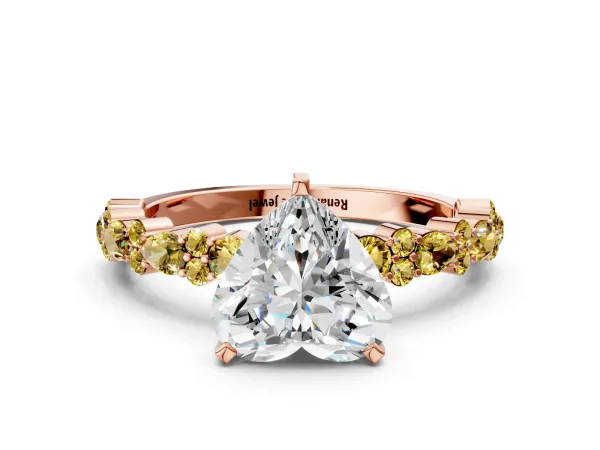 Heart Cut Diamond Side Stone Solitaire Ring with Round Yellow Sapphire and Four-Prong Setting Rose gold
