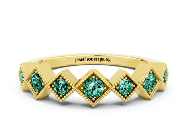 Milgrain Square Bezel Round Green Sapphire Chevron Band Yellow gold