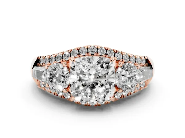 Three-Stone Cushion Cut Diamond Engagement Ring with Pave Band and Prong Setting Rose gold