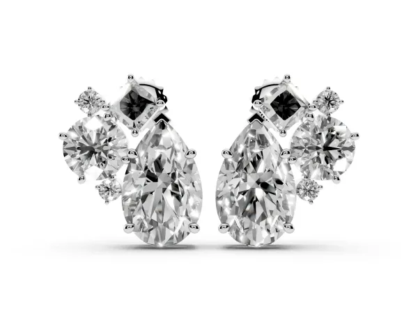 Multi-Shape Diamond Mosaic Five Stone Stud Earrings White gold