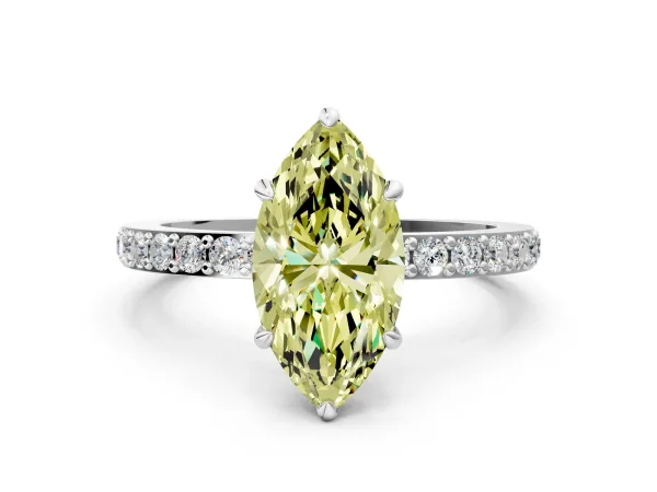 Fancy Yellow Marquise Cut Diamond Solitaire Engagement Ring with Pavé Band and Four-Prong Setting Platinum
