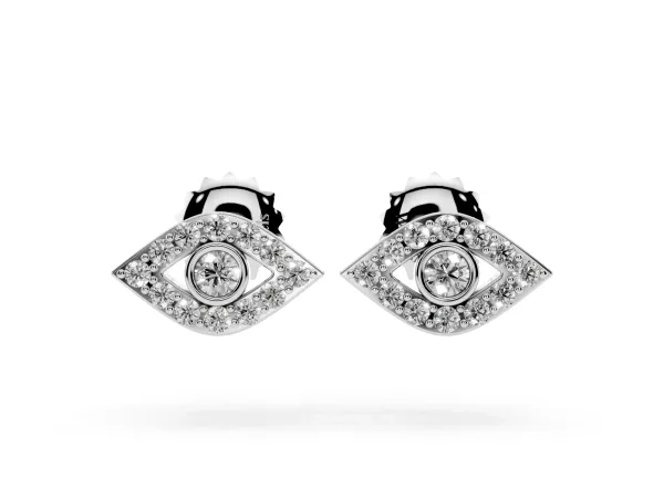 Round Diamond Bezel Center Evil Eye Stud Earrings Platinum