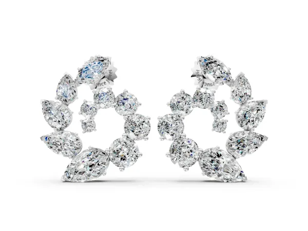 Marquise, Pear and Round Diamond Graduated Cluster Stud Earrings White gold