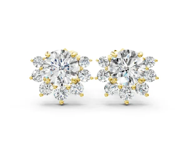 Cluster Round Diamond Stud Earrings with White Gold Band and Four-Prong Setting Yellow gold