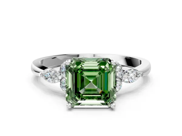 Fancy Green Asscher Cut Brilliant Diamond Solitaire Ring with Pear Side Stones and Four-Prong Setting Platinum