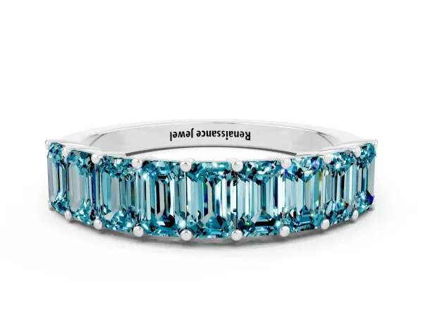 Emerald Cut Blue Topaz Prong-Set Eternity Band Silver
