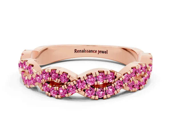 Round Pink Sapphire Twisted Eternity Band with Pavé and Shared Prong Setting Rose gold