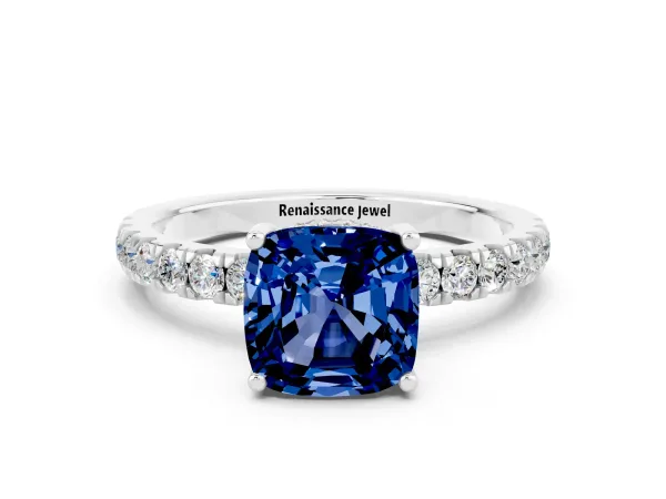 Cushion Cut Blue Sapphire Pave Band Solitaire Ring with Round and Prong Setting Platinum