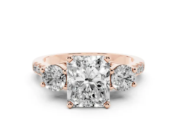 Three-Stone Radiant Cut Diamond Pavé Band with Four-Prong Setting Rose gold
