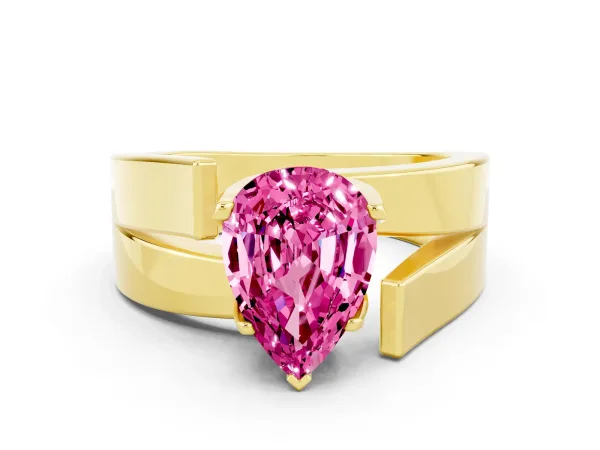 Modern Tension Set Pear Cut Pink Sapphire Solitaire Wide Band Ring Yellow gold