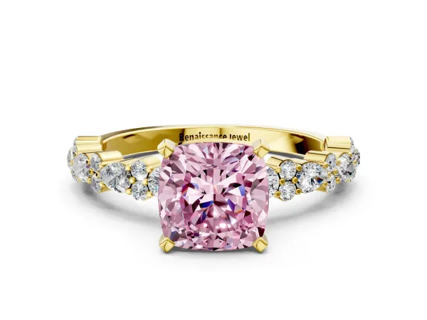 Fancy Pink Cushion Cut Diamond Side Stone Solitaire Ring with Round and Four-Prong Setting Yellow gold