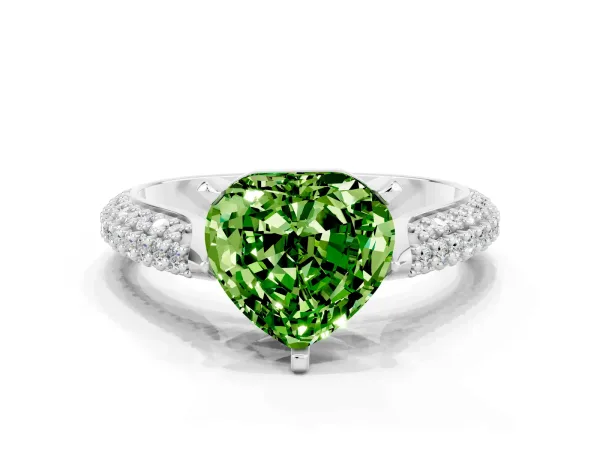 Heart Cut Peridot Solitaire Engagement Ring with Multi-Row Round Pavé Band and Prong Setting Platinum
