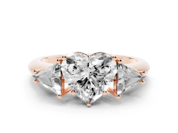 Three-Stone Heart Cut Diamond Engagement Ring with Trillion Side Stones and Prong Setting Rose gold